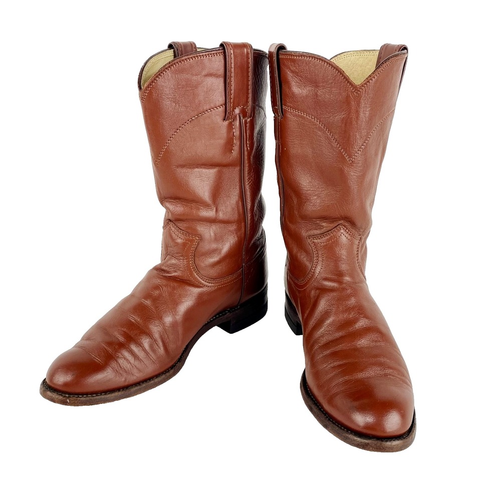 Justin Leather Mid Calf Boots Womens 5.5 C Warm Brown 35.5 Tan Roper Cowboy Shoe